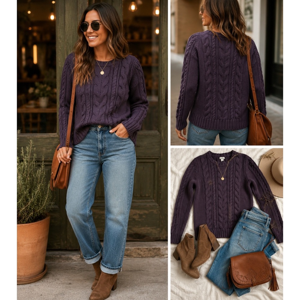 L.L.Bean Signature Cotton Cable-Knit Sweater Purple Crewneck Pullover M